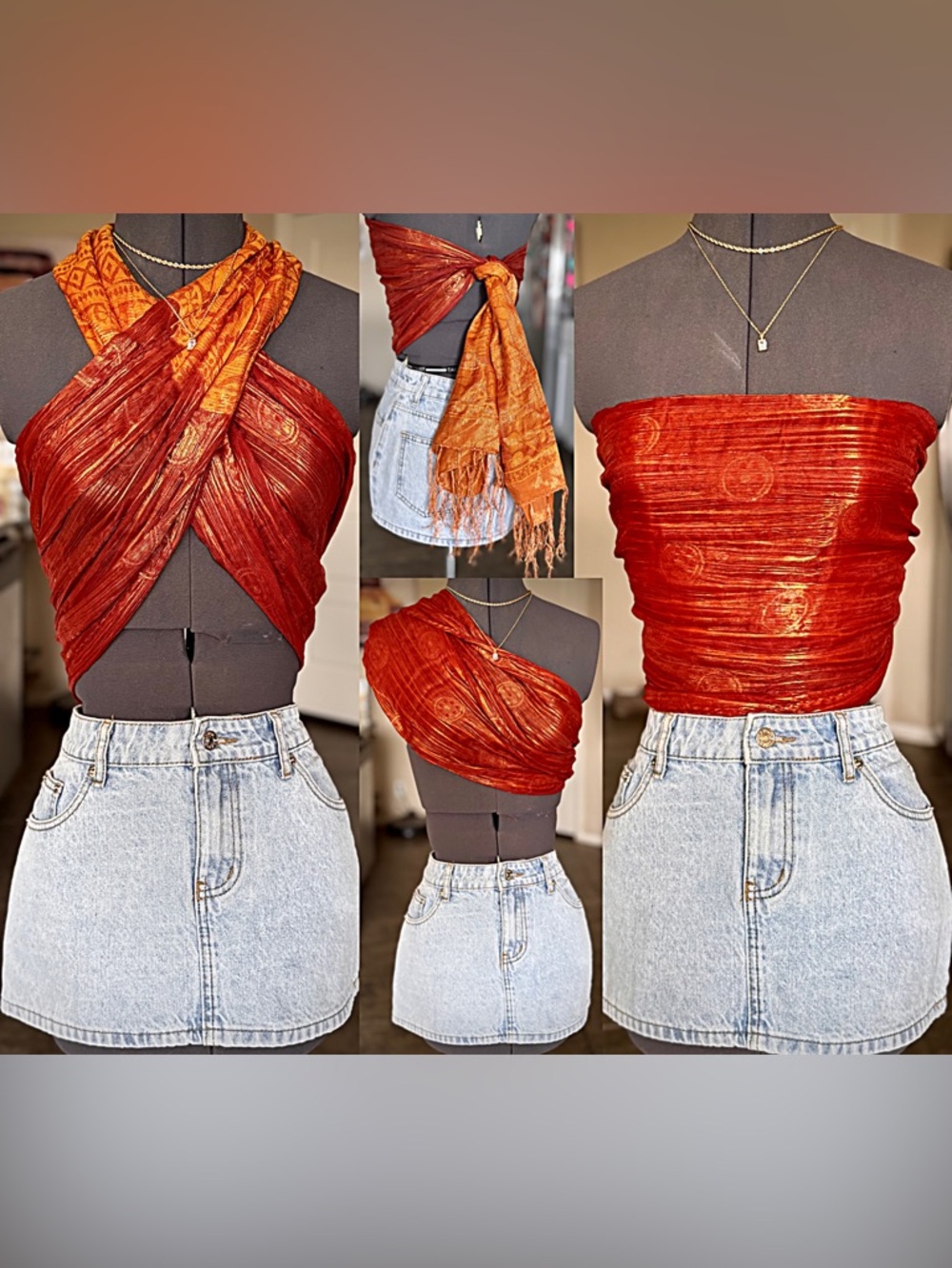 Vintage 100% Silk Golden Orange Scarf Wrap Top S